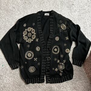 Vintage Victoria Jones Sweater Beaded Gold Embroidered Button Down M Grandmacore
